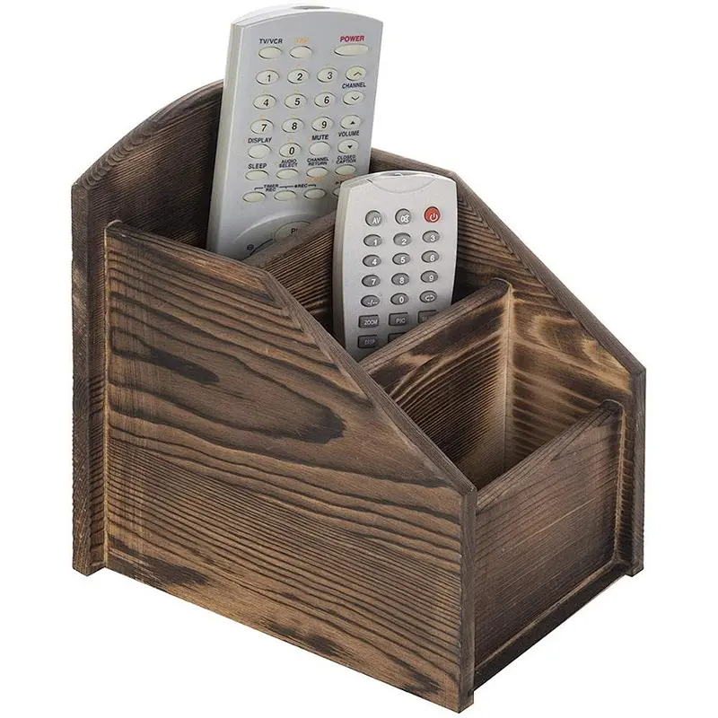3-Slot Burnt Wood Remote Control Caddy/Media Organizer