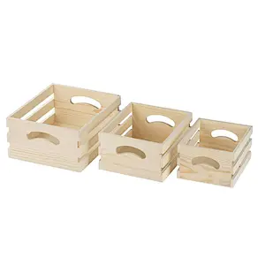 Wooden Crate - 3-Count Small Decorative Storage Caddy Set, Unfinished Wood Craft Boxes for Organizing, Books and Groceries