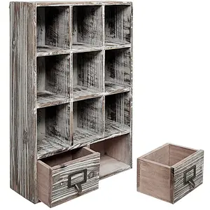 Rustic Dark Brown Wood Shadow Box/Wall Mounted Cubby Storage with 2 Drawers & Label Holders
