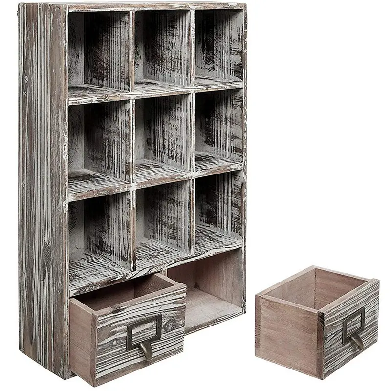 Rustic Dark Brown Wood Shadow Box/Wall Mounted Cubby Storage with 2 Drawers & Label Holders