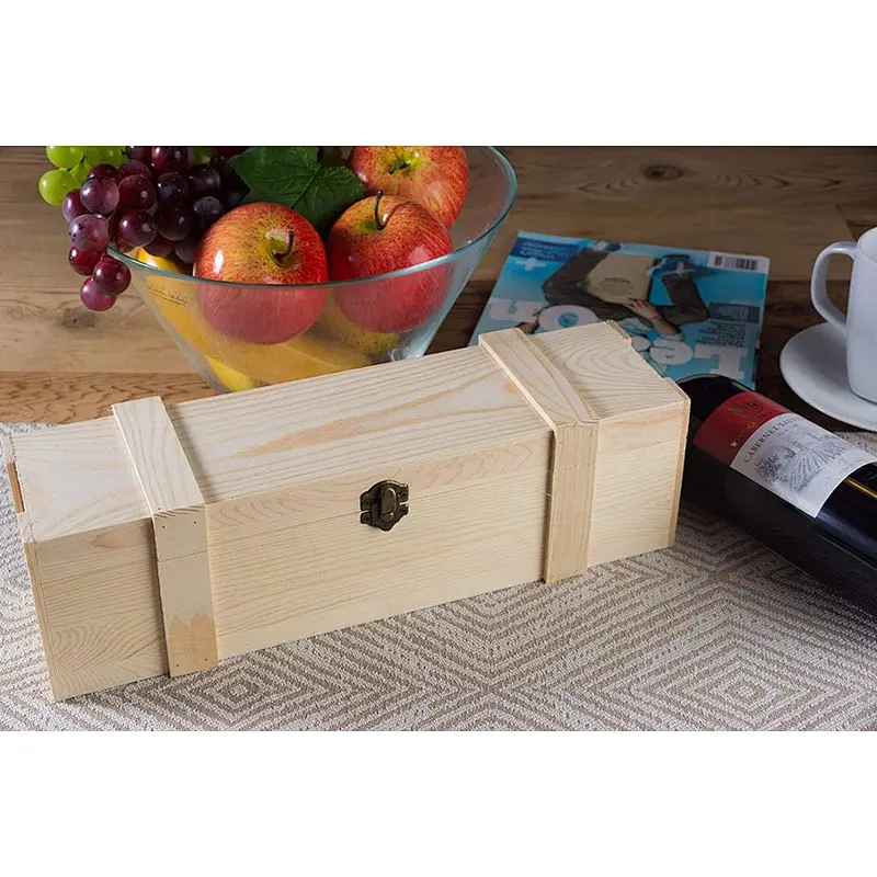 Wooden wine box - single bottle wooden storage gift box, hinged buckle box,
