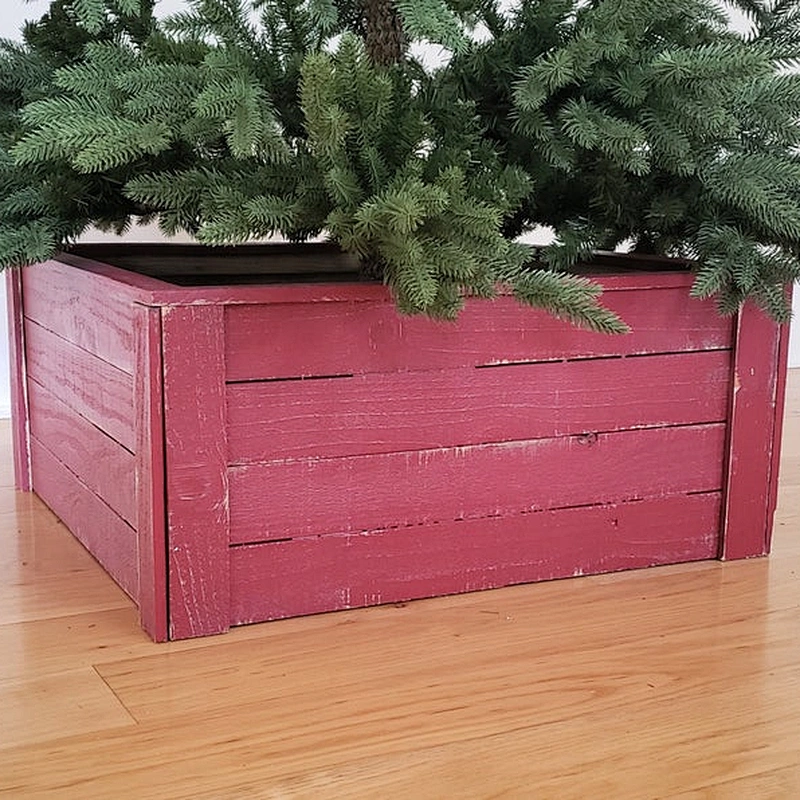 Christmas Tree Box - Skirt Replacement Wood Crate - Heart Pine  Reindeer Treats Label
