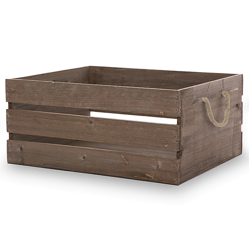 Antique Brown Wooden Crate Storage Box with Rope Handles 15in