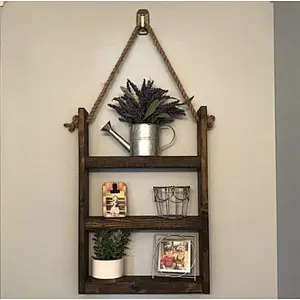 Rustic Ladder Planter Shelf- Rustic Wood and Rope Ladder Shelf Bathroom Organizer, Entryway Shelf