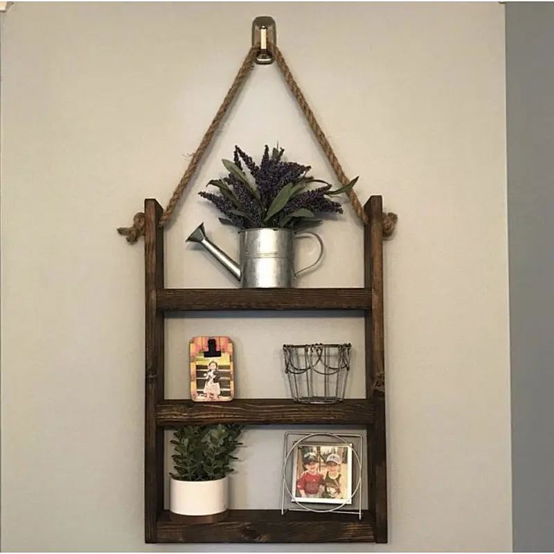 Rustic Ladder Planter Shelf- Rustic Wood and Rope Ladder Shelf Bathroom Organizer, Entryway Shelf