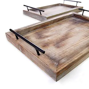 Home Goods Wooden Serving Trays with Handles (2 Pc. Set) Rustic Farmhouse Wood Butler Platters Serve Breakfast Appetizer