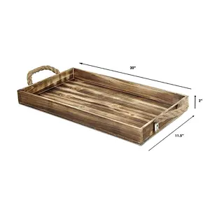 Wooden Rectangular Tray With Rope Side HandlesFir Wood