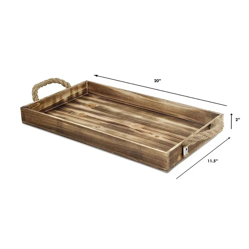 Wooden Rectangular Tray With Rope Side HandlesFir Wood
