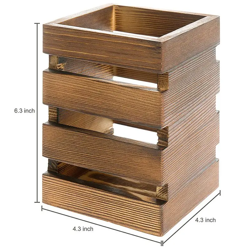 Rustic Burnt Wood Cooking Utensil Holder with Slatted Sides Storage Box
