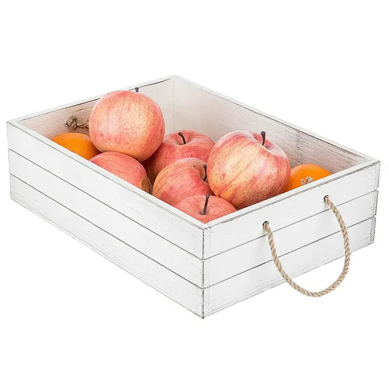 Vintage Whitewash Wood Crate Open Top Organizer Bin with Rope Handles