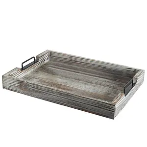 Distressed Torched Antique with Modern Black Metal Handles Wood 20-Inch Serving Tray