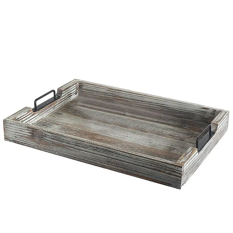 Distressed Torched Antique with Modern Black Metal Handles Wood 20-Inch Serving Tray