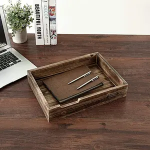 Stableman Rustic Dark Wood Desktop Office Supplies, Document & Paper Tray With Metal Label Holder