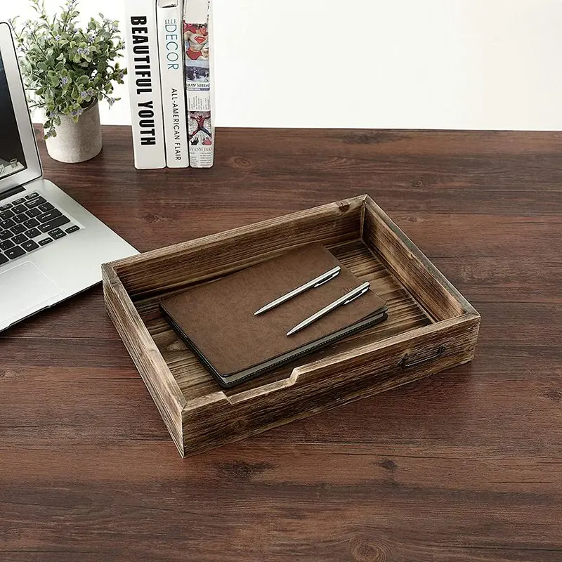 Stableman Rustic Dark Wood Desktop Office Supplies, Document & Paper Tray With Metal Label Holder