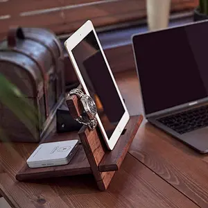 Mens wood phone docking station desk mobile phone holder wood docking station organizer