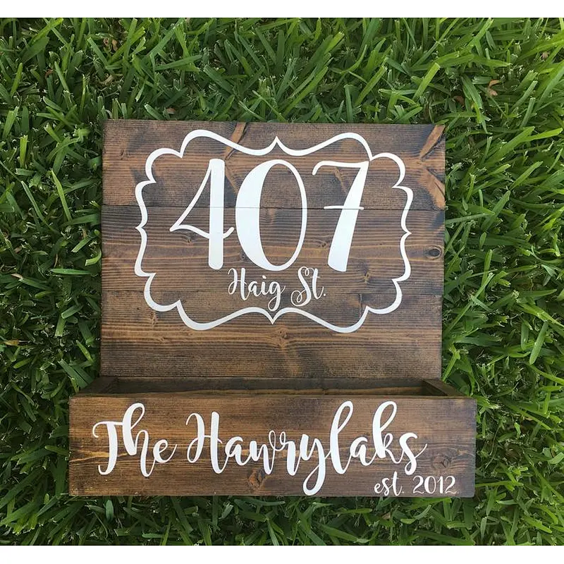 Rustic handmade wooden house number planter outside decoration