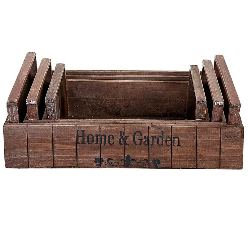 2019 Rustic Style Nesting Wood Planter Display Boxes, Decorative Storage Crates, Set of 3