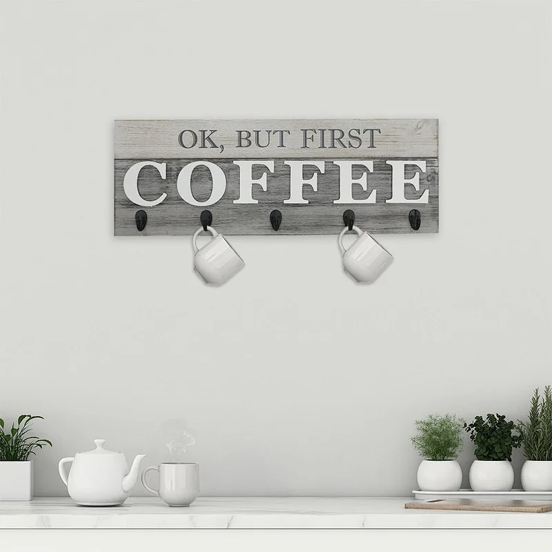 But First Coffee' Mug Holder - Rack - Display, Rustic Farmhouse Wood Coffee Wall Decor Sign for Kitchen, Bar, Cafe 24