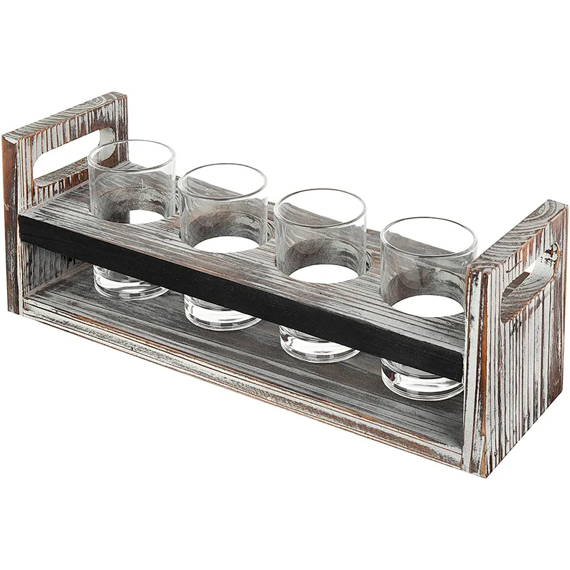 MyGift Set of 2 Torched Wood Beer Flight Serving Caddies with Chalkboard Panels & 4 Tasting Glasses