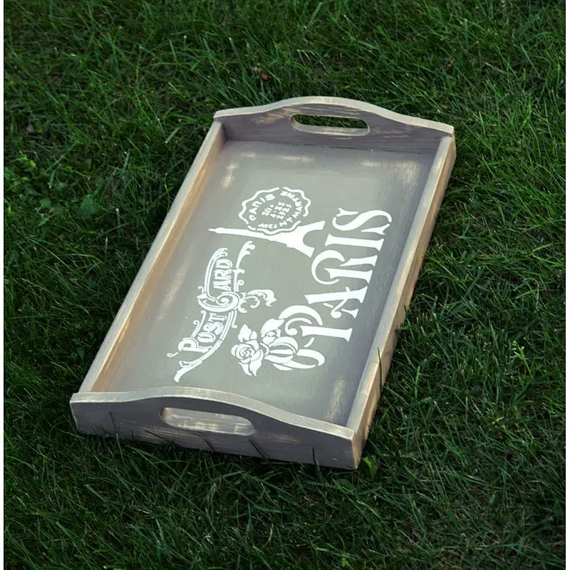 Custom Distressed Tray with Paris Them  Breakfast Tray,Wood Serving Tray