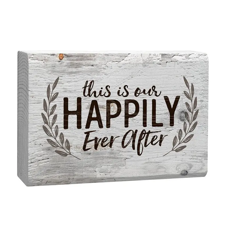 This is Our Happily Ever After Laurel Wreath White 4 x 5 Inch Solid Pine Wood Barnhouse Block Sign