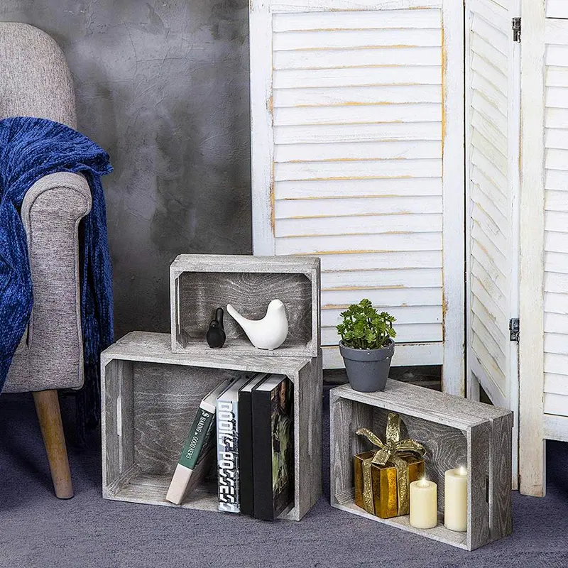 Set of 3 Nesting Ash Brown Wood Accent Crates, Storage Pallet Boxes with Handles