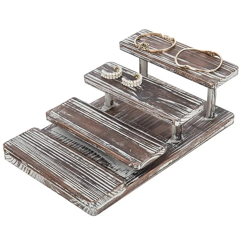 Rustic Display Stand, 4-Tier Rustic Torched Wood  Display Stand