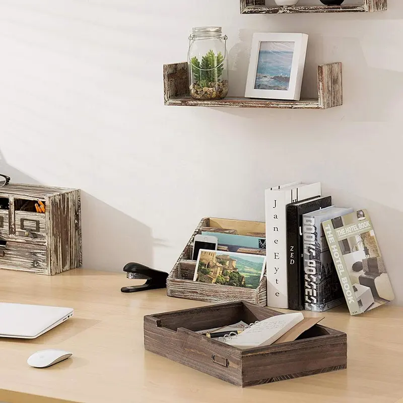Rustic personalized customized cheaper wholesale  big Vintage Wood Office Desktop Paper, File, Folder, Magazine Holder Tray 2020
