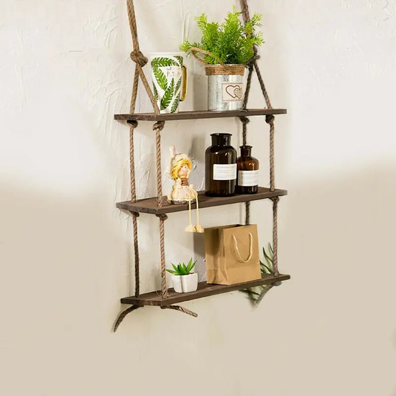JUNJI Wall Decor Rope Shelf Knick Knack Shelf Rustic Home Decor Home Wooden Wall Mounted 2020