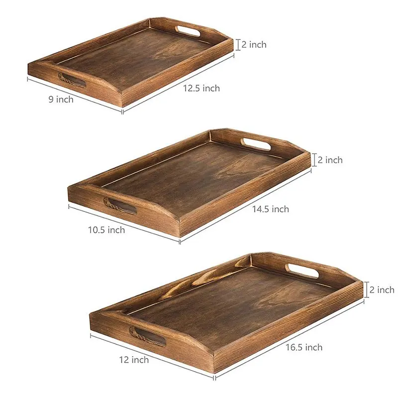 Nesting Burnt Wood Serving Trays with Cutout Handles, Set of 3