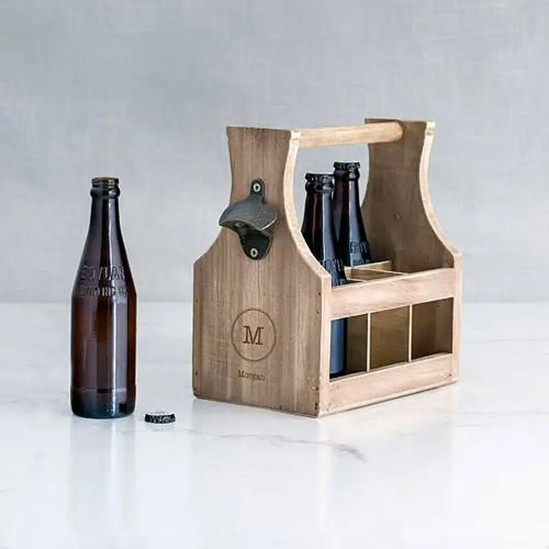 Personalised Wooden Beer Caddy Carrier With Bottle Opener 6 Bottle - Men's Wedding Gift - Men's Birthday Gift -