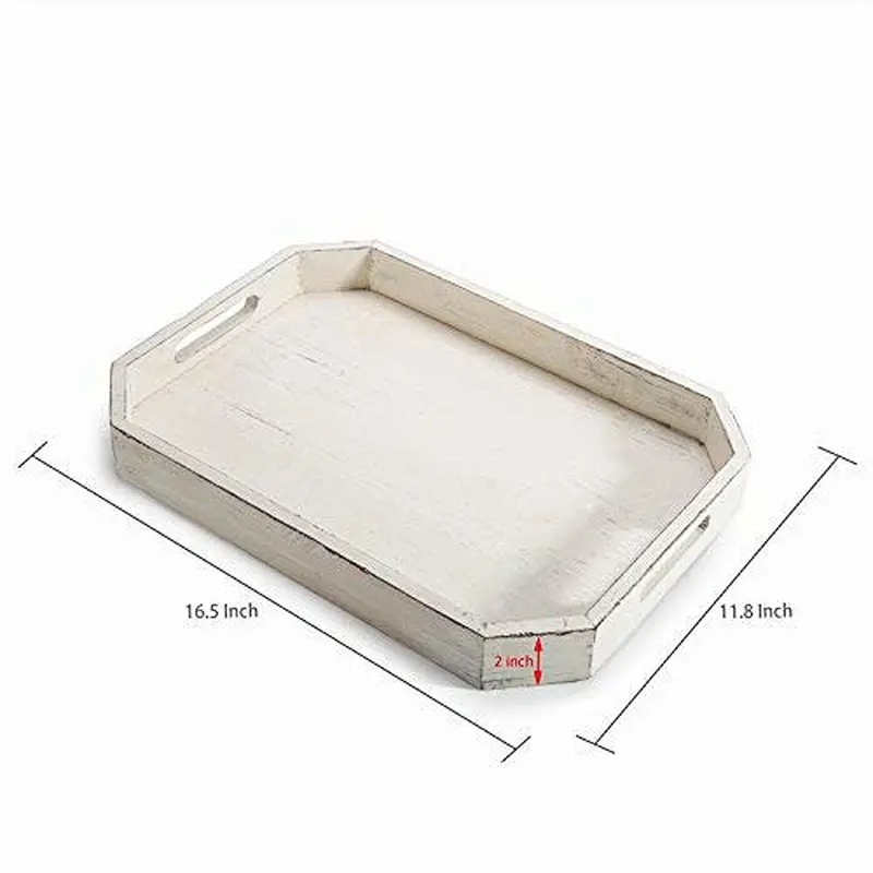 Rustic Whitewashed Wood Serving Tray with Cut out Handles