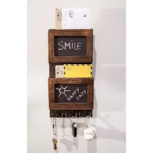 Rustic 2-Slot Mail Sorter Organizer for Wall with Chalkboard Surface & 3 Double Key Hooks - Wooden Wall Mount Mail Holder