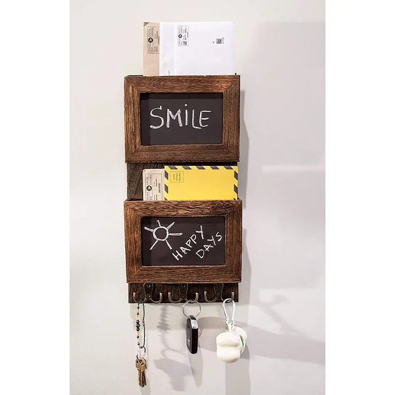 Rustic 2-Slot Mail Sorter Organizer for Wall with Chalkboard Surface & 3 Double Key Hooks - Wooden Wall Mount Mail Holder