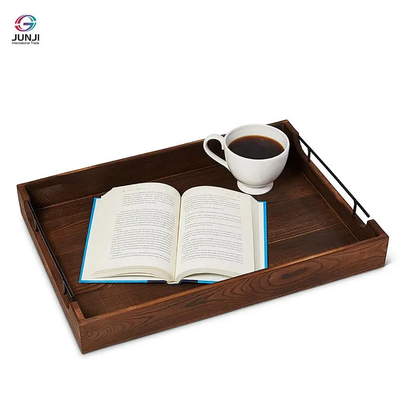 Rustic brown wooden nested breakfast tray with handle, 2 pieces