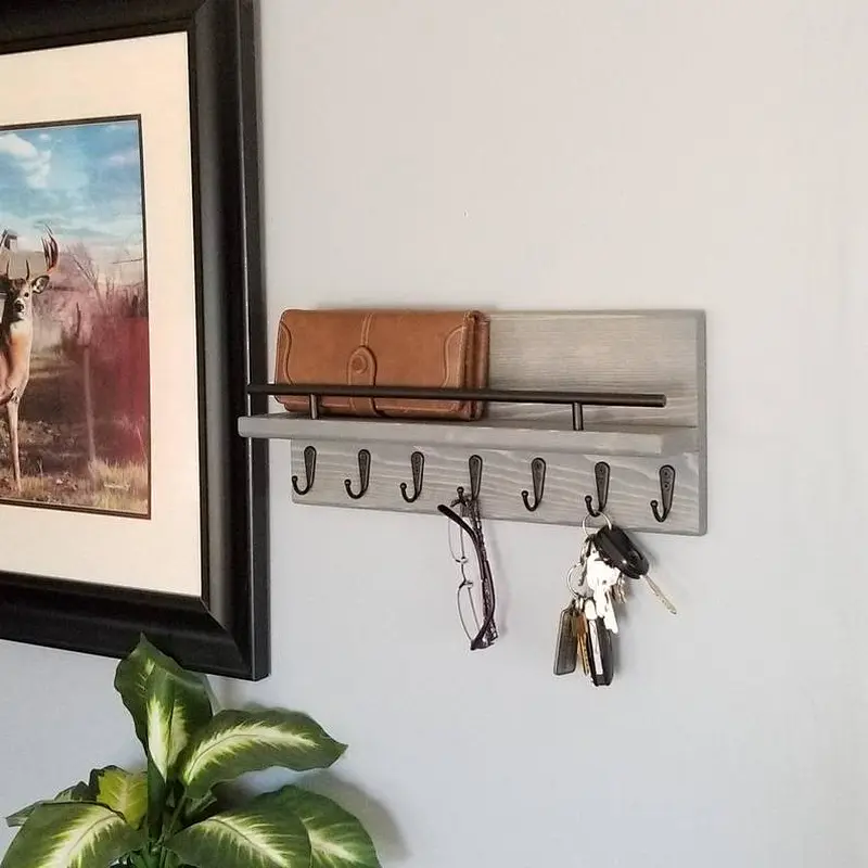 Entryway Organizer Key and Mail Shelf with Hooks, Rustic Home Decor Organizer, Multiple Key Holder