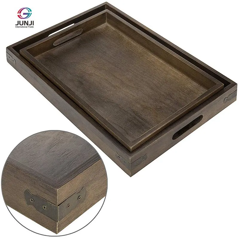 Rustic brown wooden nested breakfast tray with handle, 2 pieces