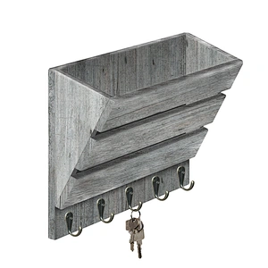 Rustic wood mail and key holder with 5 hooks,wooden shelf