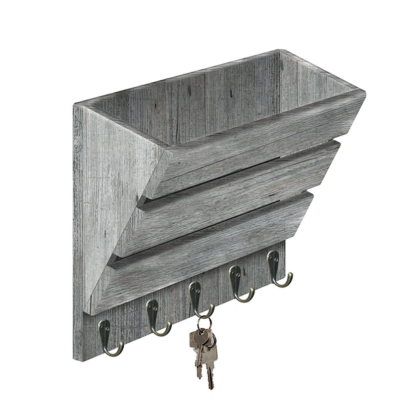Rustic wood mail and key holder with 5 hooks,wooden shelf