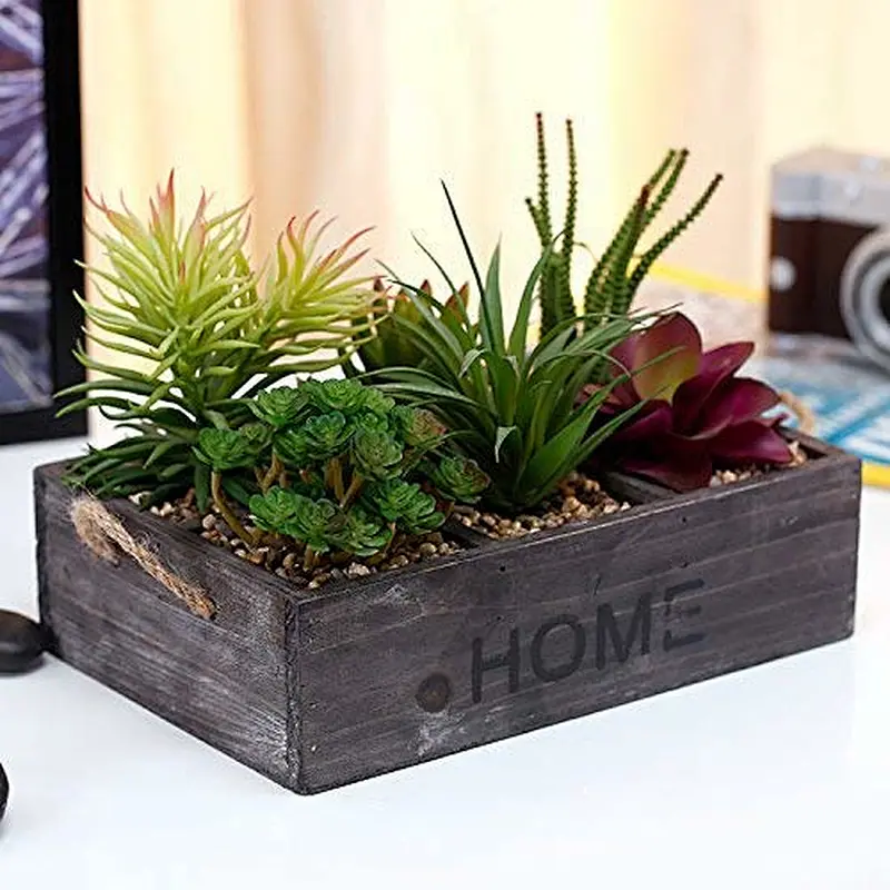 Potted Artificial Succulent Plants in Rustic Wooden Planter Box with Rope Handles