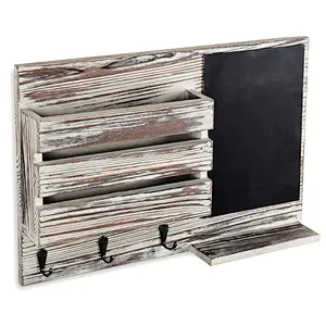 Torched Wood Wall-Mounted Mail Organizer with Chalkboard  key holder