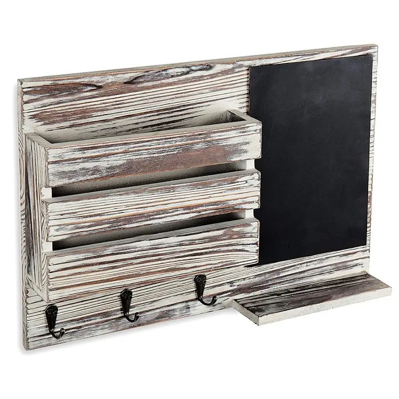 Torched Wood Wall-Mounted Mail Organizer with Chalkboard  key holder