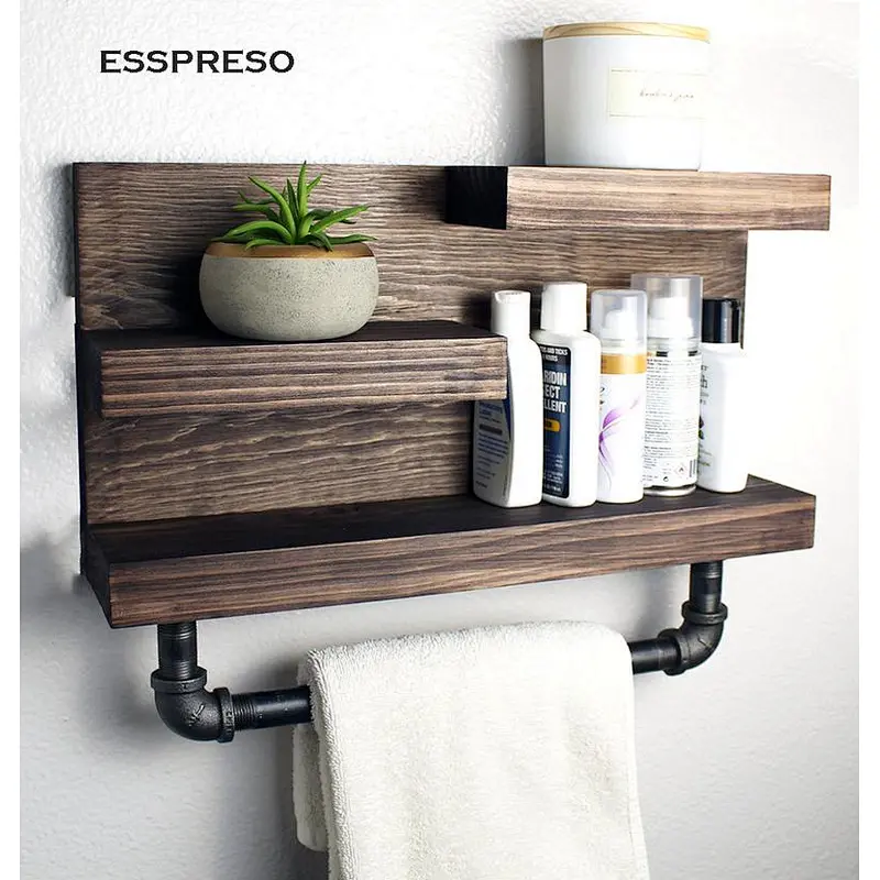 Bathroom Shelf with Industrial Farmhouse Towel Bar, Bathroom Wall Decor Espresso, Country Rustic Storage