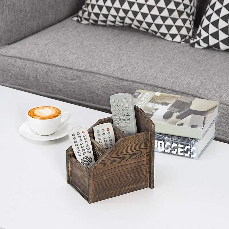 3-Slot Burnt Wood Remote Control Caddy/Media Organizer