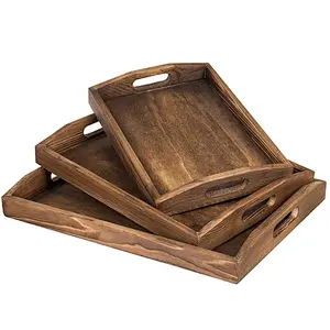 Nesting Burnt Wood Serving Trays with Cutout Handles, Set of 3