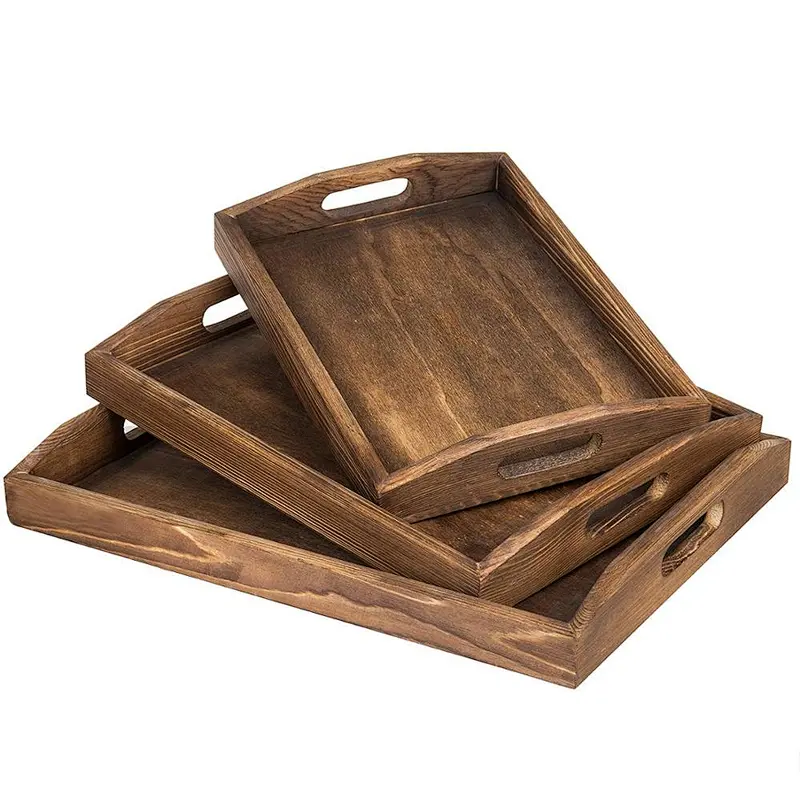 Nesting Burnt Wood Serving Trays with Cutout Handles, Set of 3