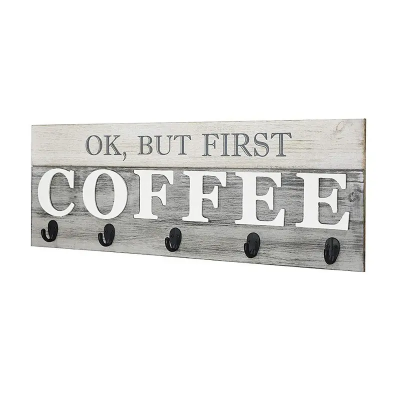 But First Coffee' Mug Holder - Rack - Display, Rustic Farmhouse Wood Coffee Wall Decor Sign for Kitchen, Bar, Cafe 24