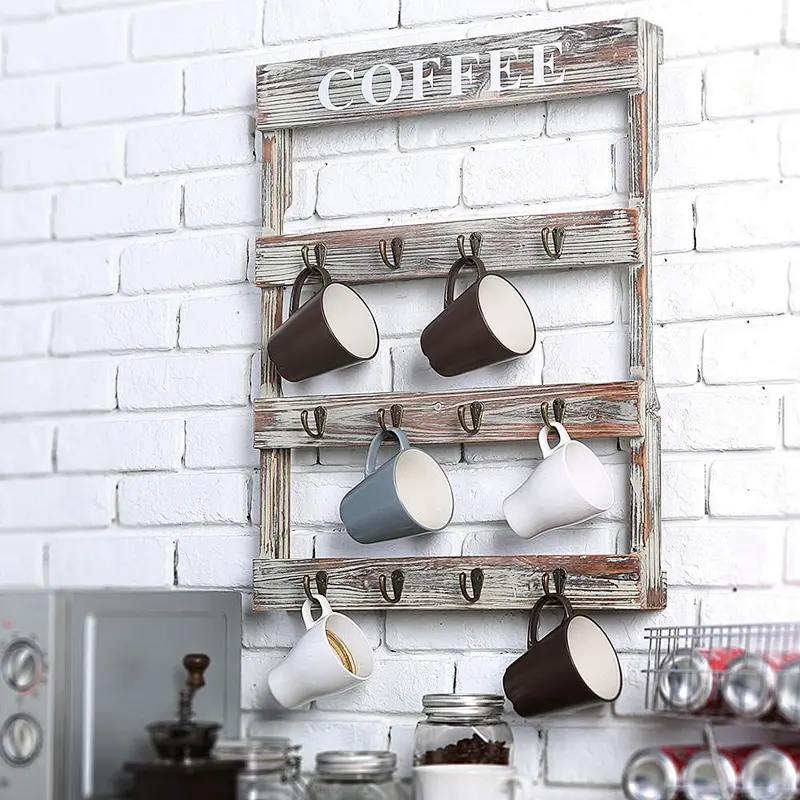 rustic personalized customized wholesale cheaper home decoration unfinished  Wall-mounted mug hook rack ,with 12 hooks,rustic