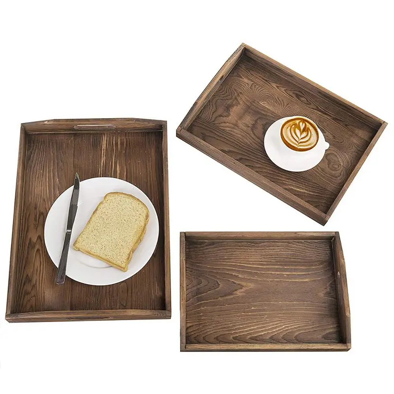 Wooden tray Set of 3 Nesting Brown Wood Serving Trays with Cutout Handles Wooden Appetizer Tray Serving
