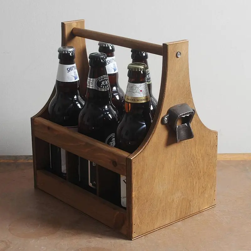 6 x Bottle Vintage Wooden Beer Carrier Holder + Cast Iron Bottle Opener - 5th/6th Anniversary Christmas Man Dad Men Fathers Day